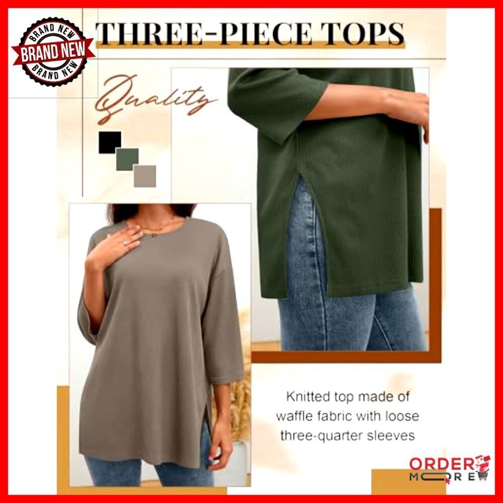 3 Pack Women's Oversized Waffle Knit 3/4 Sleeve Crewneck T-Shirts Loose Fit - Picture 6 of 7
